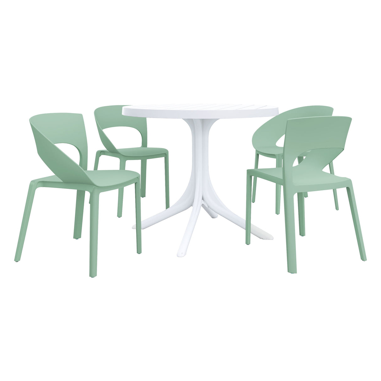 4 Piece Set Of Color Block Designed Single Chairs With Round Table - Haze Green / White