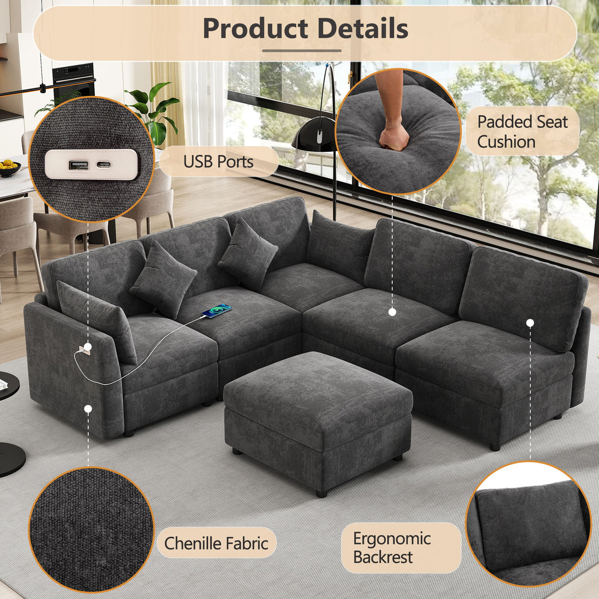 Sectional Sofa Modular U-Shaped With Ottoman & USB Ports