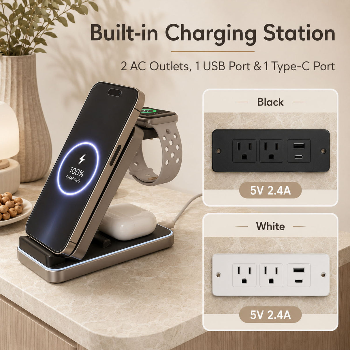 Nightstand With Charging Station And 2 Storage Drawers