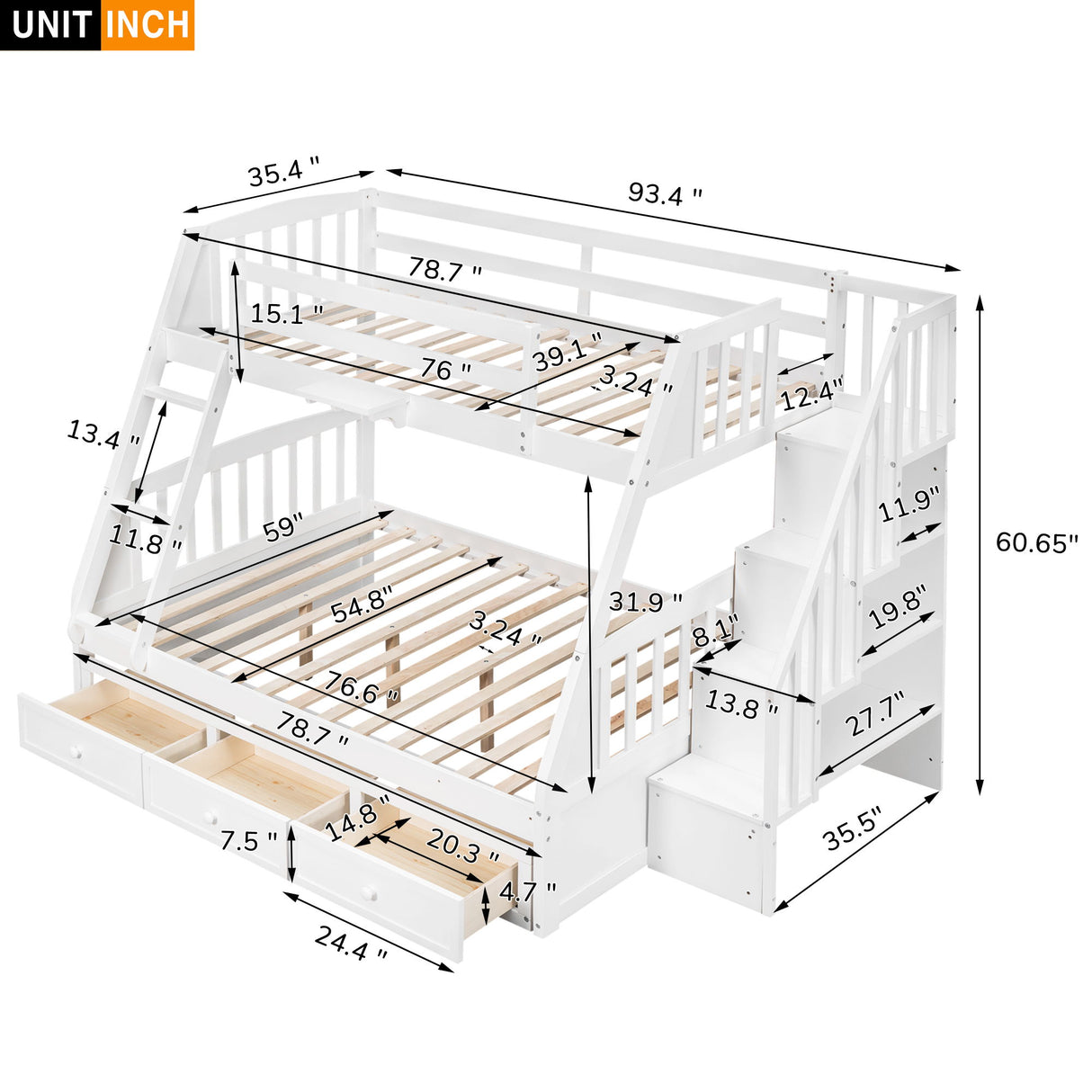 Bunk Bed With Drawers, Ladder And Storage Staircase