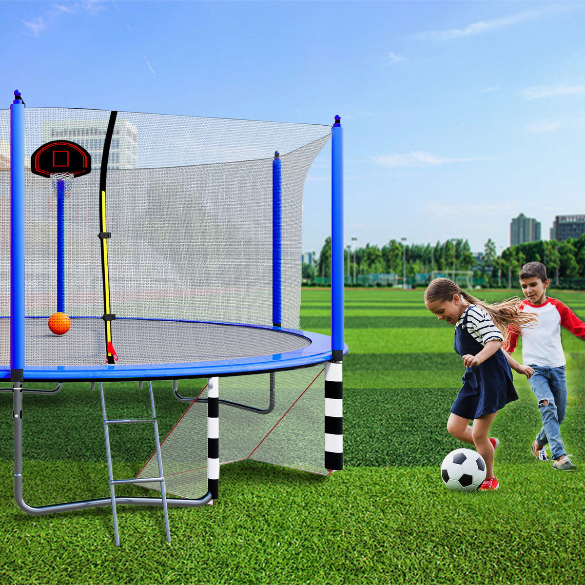16Ft Trampoline With Basketball Hoop Pump And Ladder (Inner Safety Enclosure) With Soccer Goal - Blue