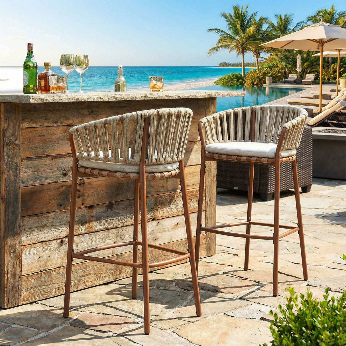 Lodi - Outdoor Matal Rope Barstool, Teak / Beige (Set of 2) - Teak / Beige