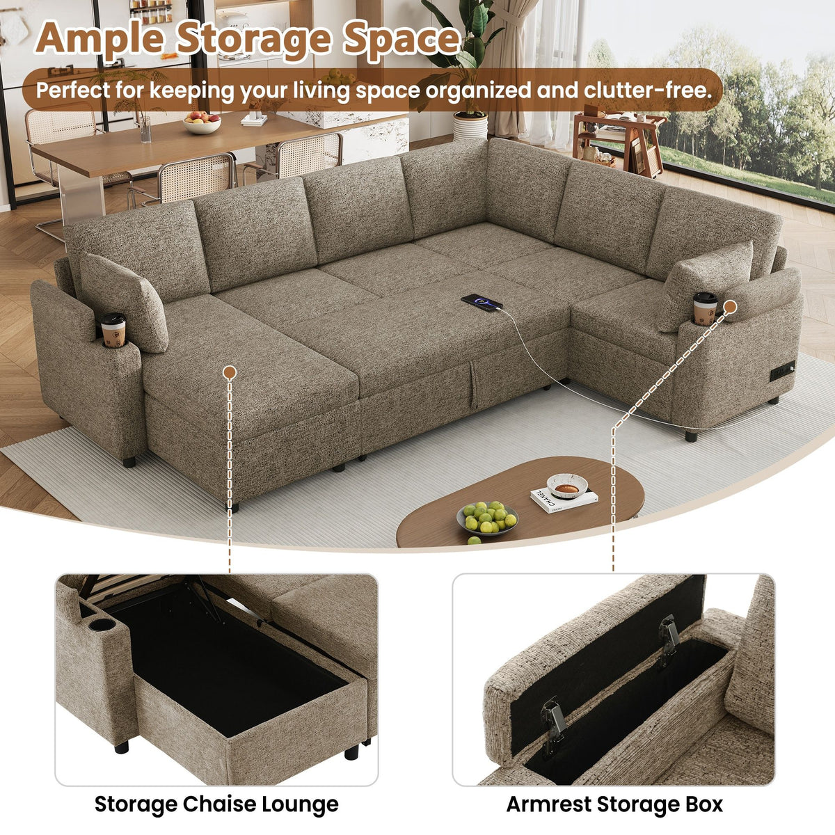 U-Shaped Sectional Sofa Bed With Storage, Charging Ports, And Cup Holders - Brown