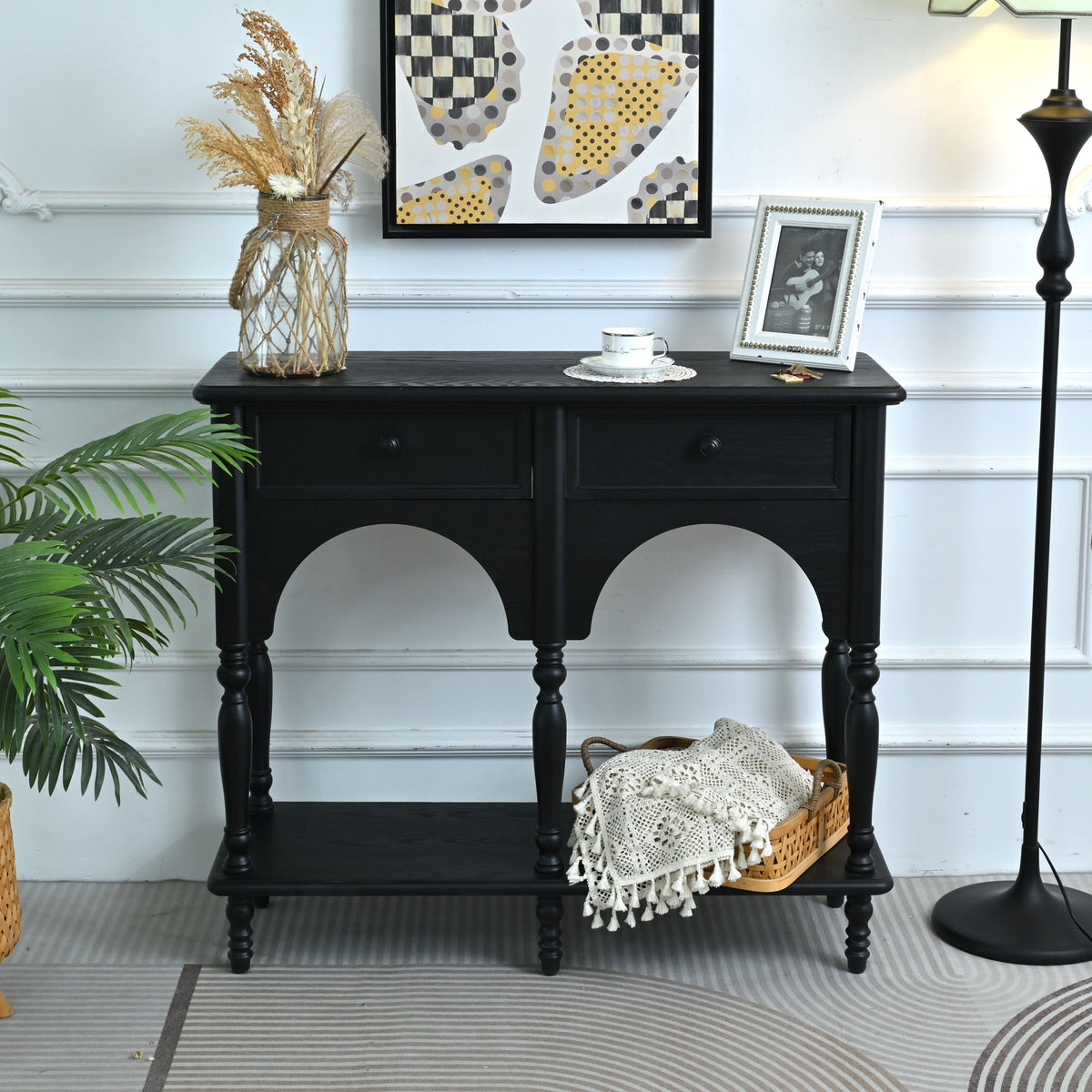 Accent Carved Console Table With Open Shelf And 2 Drawers For Living Room - Black