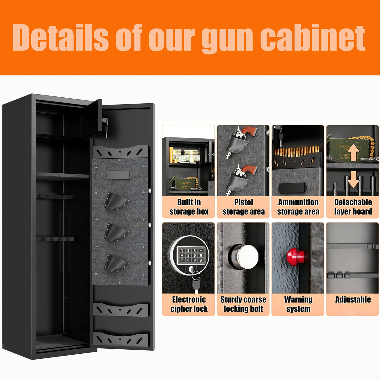 High Large Capacity Mechanical Gun Safe For Rifles & Handguns, Digital Password Lock, Built In Independent Lock Box, Adjustable Shelves - Black