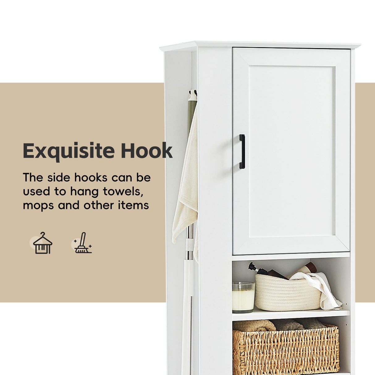 Tall Freestanding Bathroom Storage Cabinet With Adjustable Shelves And Side Hooks Board, Rectangle Design