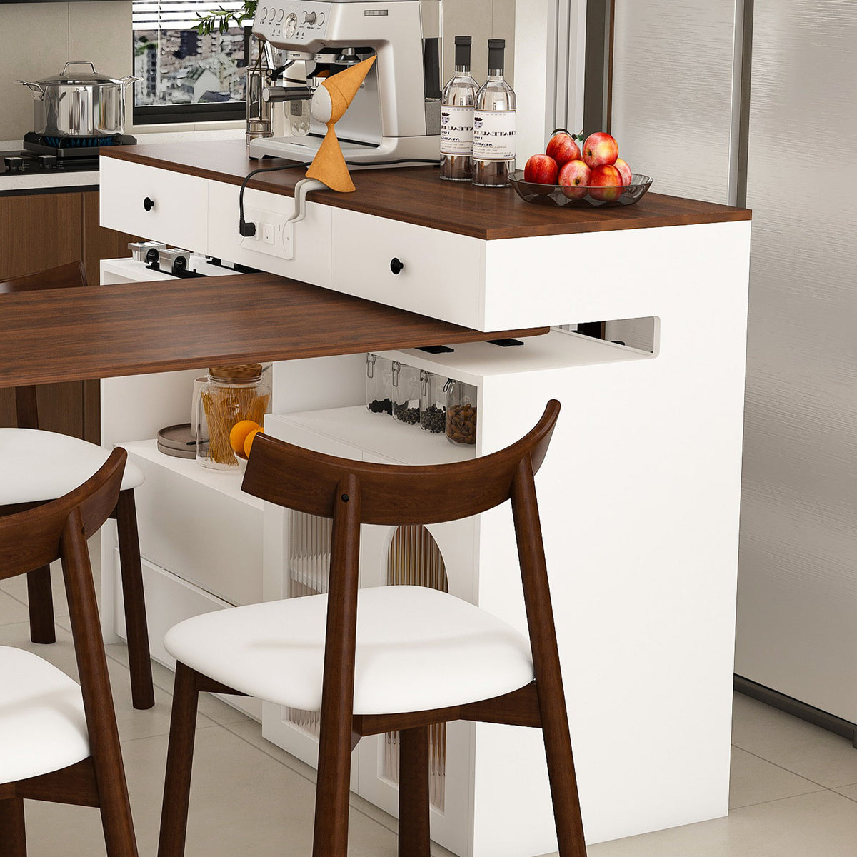 Kitchen Island Set With 4 Chairs, Extendable & Rotating Table, 4 Drawers & Glass Door Cabinets - Walnut