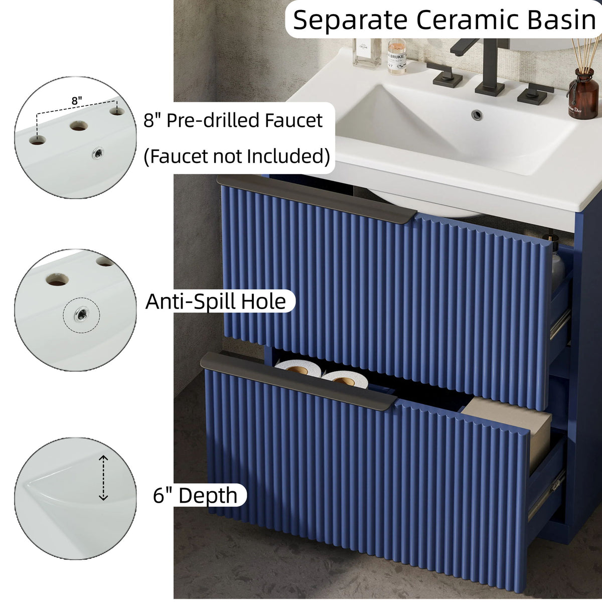 Fluted Bathroom Vanity With Ceramic Sink, Freestanding Cabinet