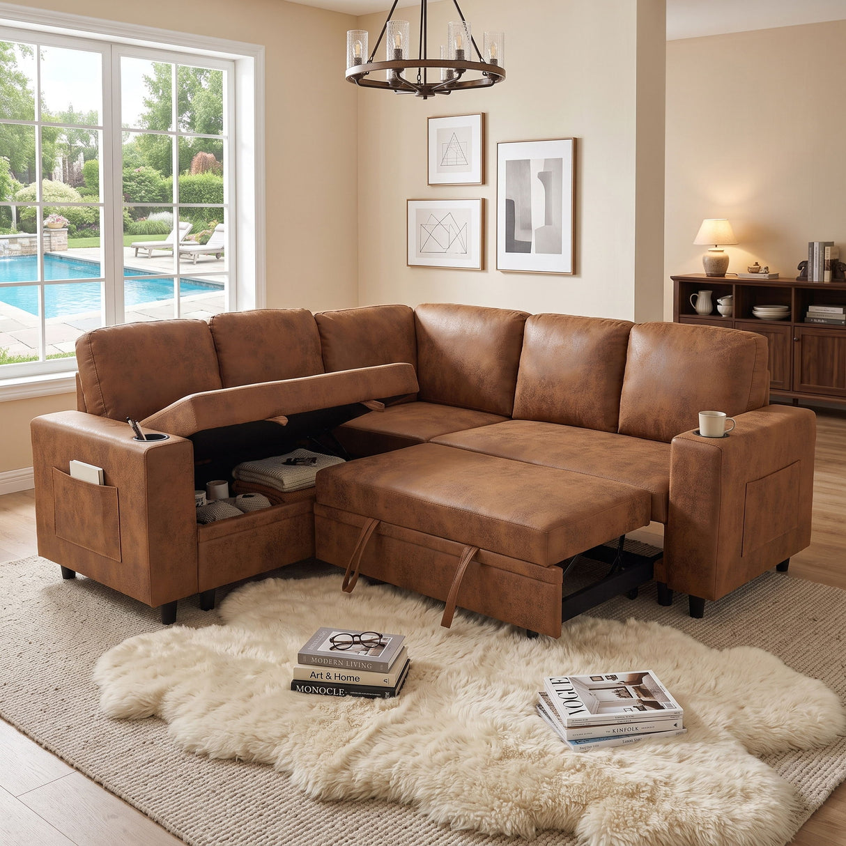 Upholstered L - Shape Sectional Sofa Bed With Pull Out Sleeper And Storage