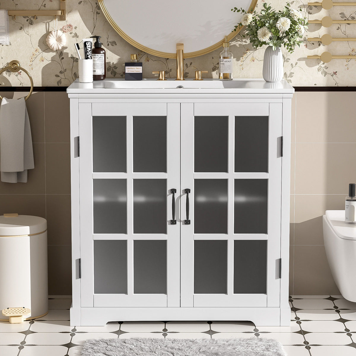 Modern Bathroom Vanity With Ceramic Sink, Tempered Blurred Glass Doors