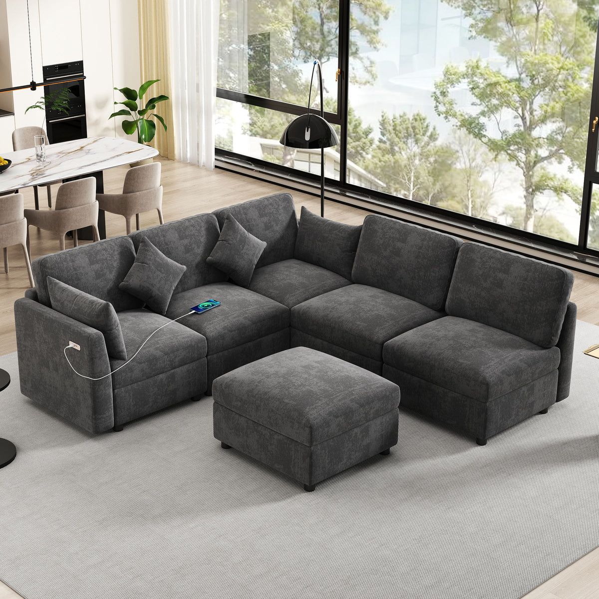 Sectional Sofa Modular U-Shaped With Ottoman & USB Ports