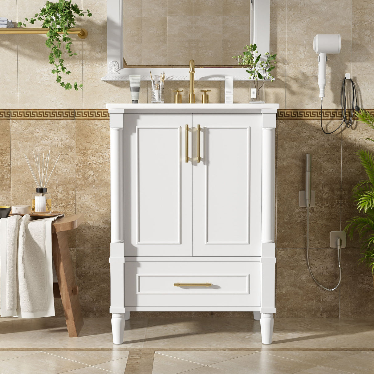 Bathroom Vanity With Ornate French Cylinder Legs, Soft Close Drawer