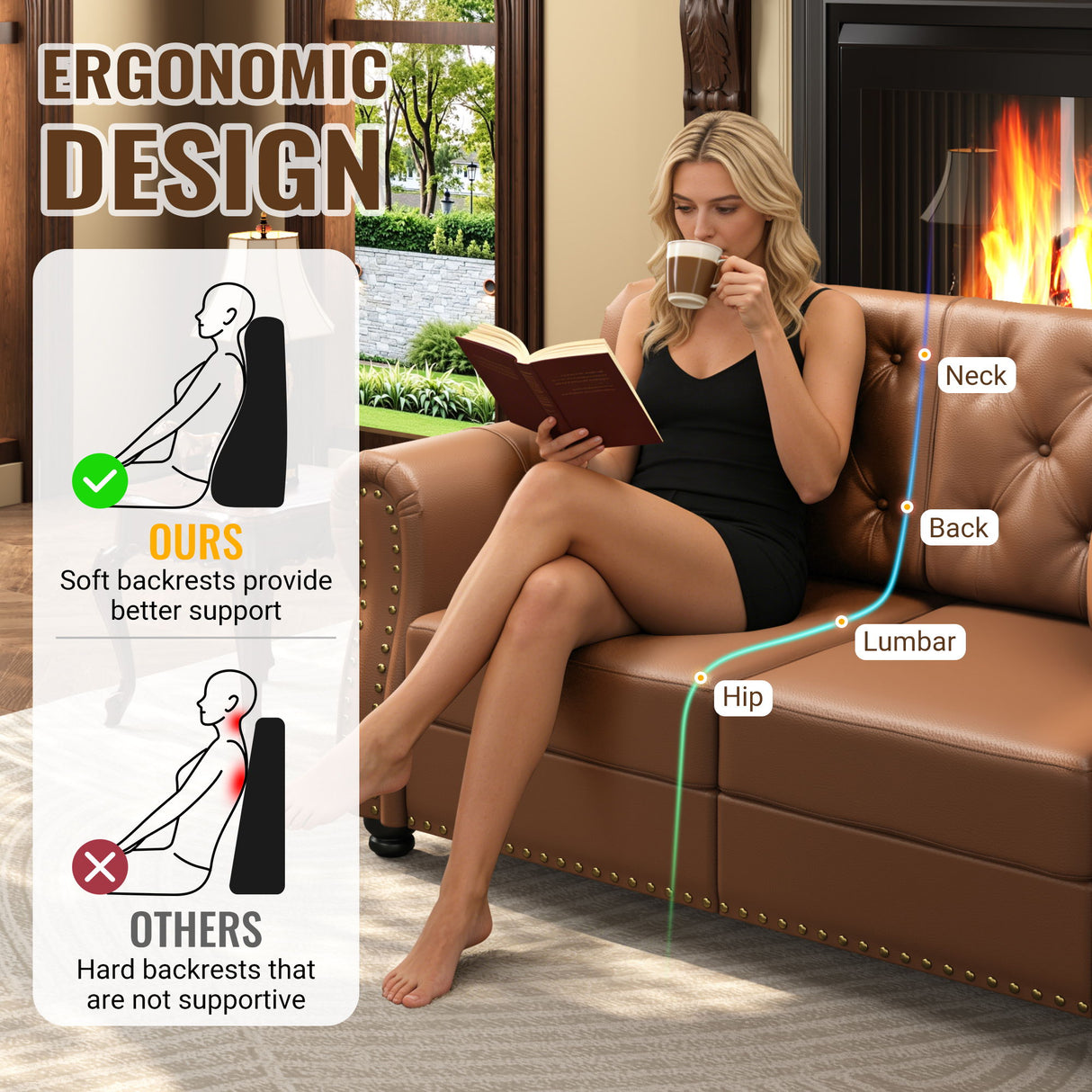 Upholstered Sofa With Nailhead Trim, Rolled Armrests With Ottoman