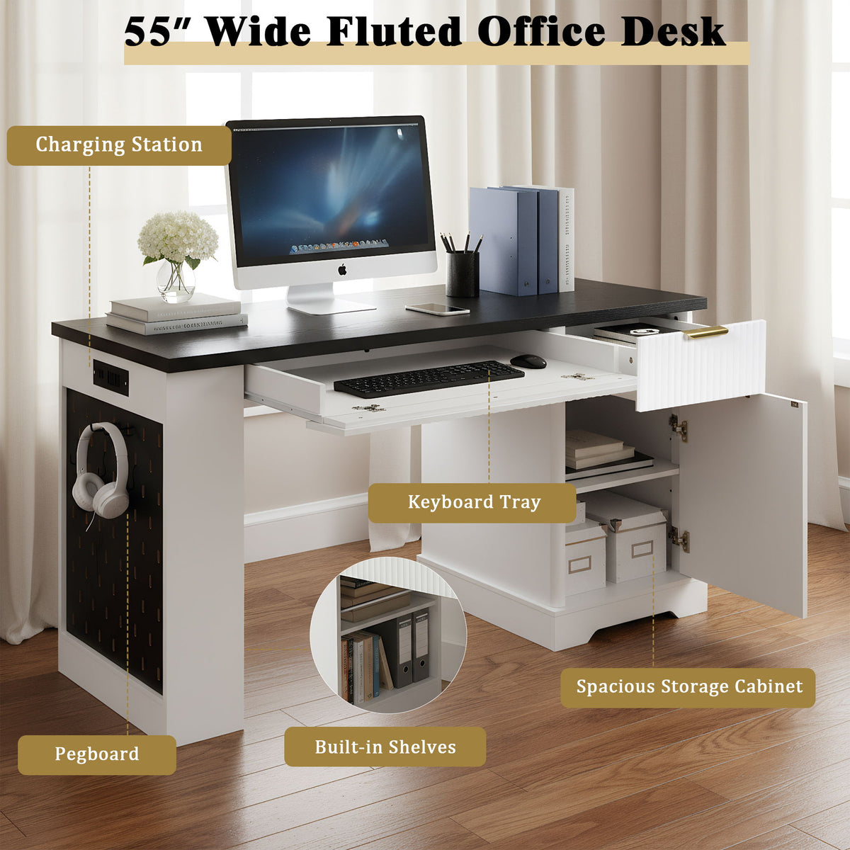 Fluted Office Desk With Storage Cabinet, Drawers, Power Outlet, Pegboard & Keyboard Tray - White