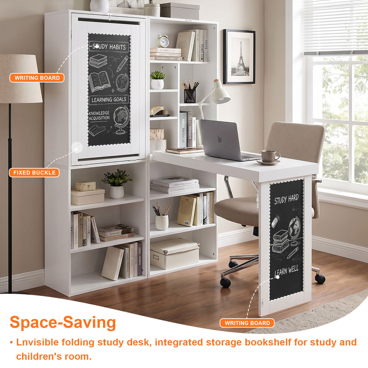 Folding Desk With Storage, Foldable Convertible Writing Table With Blackboard And Shelves For Home Office