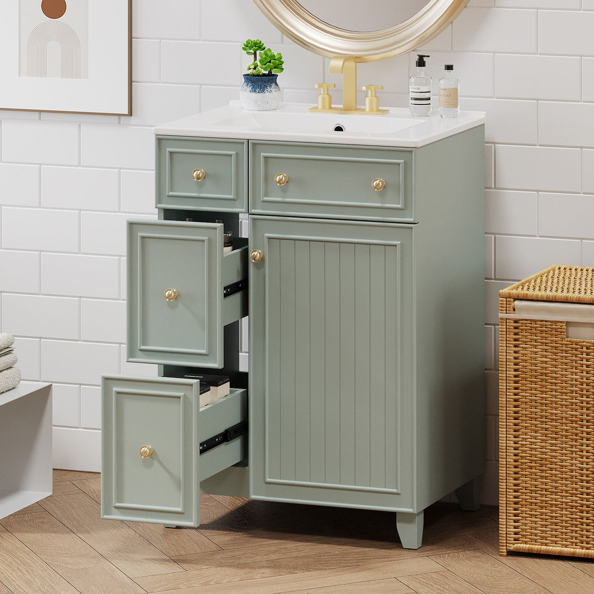 Transitional Style Bathroom Vanity Cabinet With Ceramic Sink