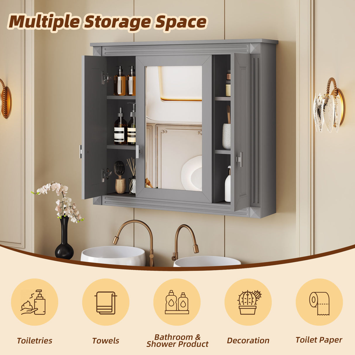 Wall Mounted Bathroom Cabinet With Mirror And 5 Shelves, Rectangular Design