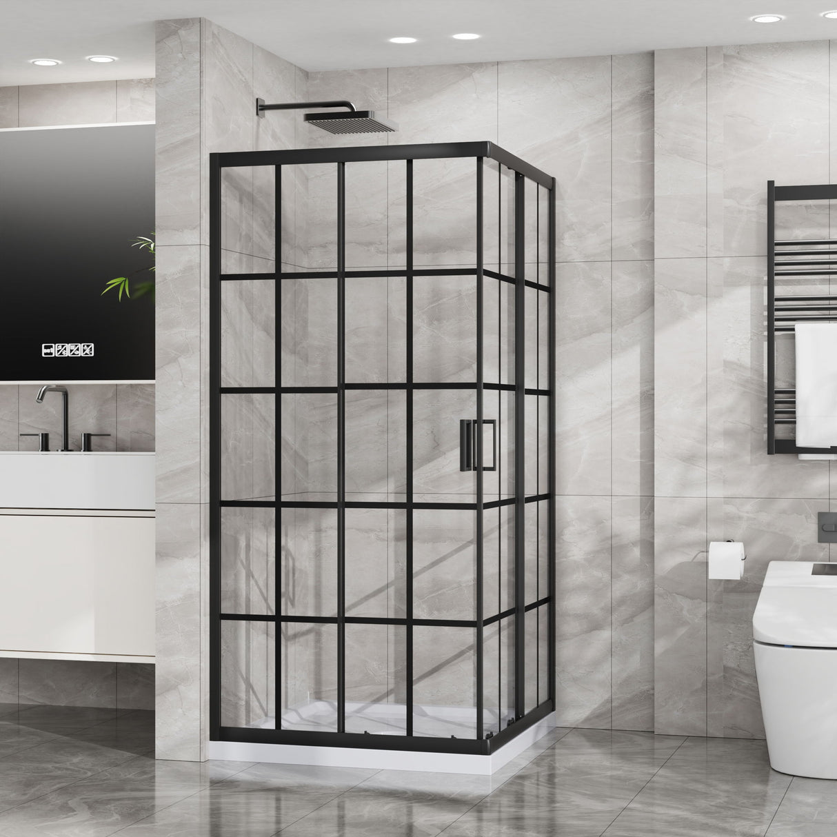 Corner Shower Enclosure Double Sliding Door & Shower Base - Matte Black