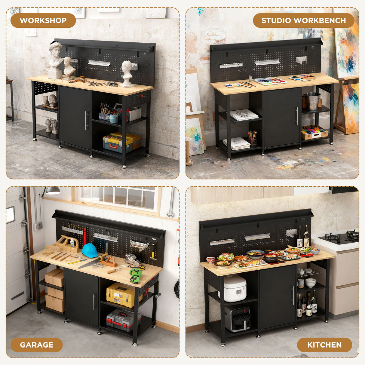 Workbench With Storage Cabinet And Pegboard - Black