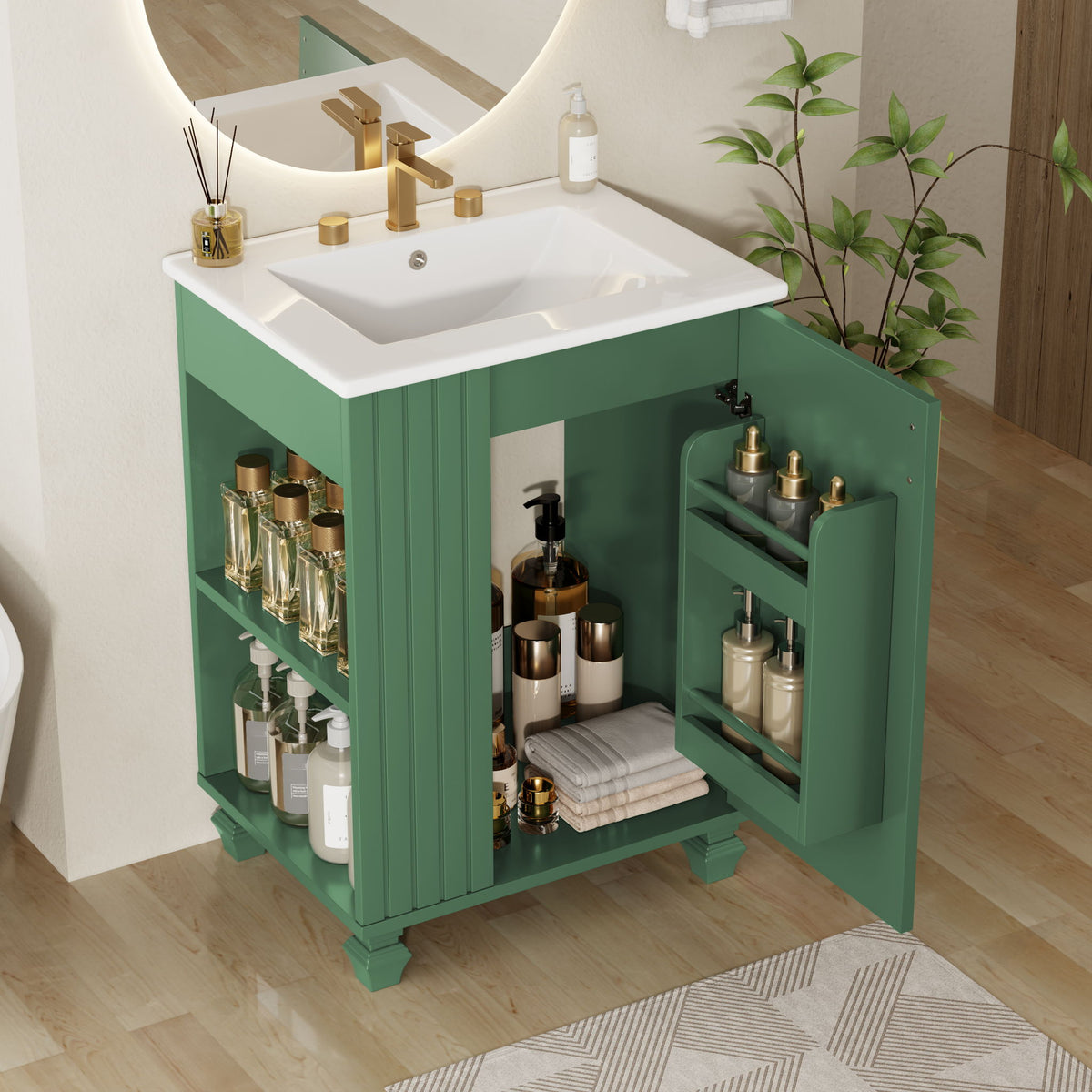 Classic Retro Bathroom Vanity With Sink, Door Shelf, Side Open Storage Frame