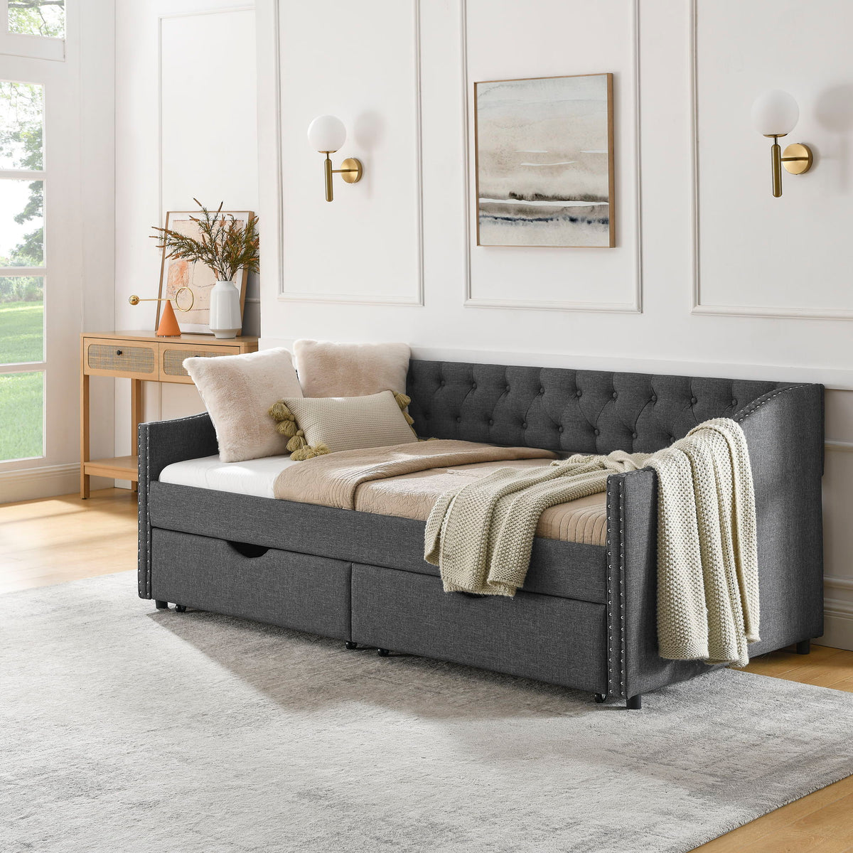 Upholstered Tufted Daybed With 2 Drawers, Waved Arms