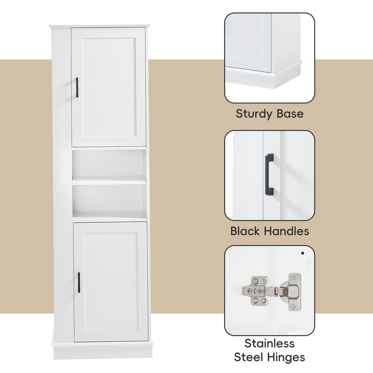 Tall Freestanding Bathroom Storage Cabinet With Adjustable Shelves And Side Hooks Board, Rectangle Design