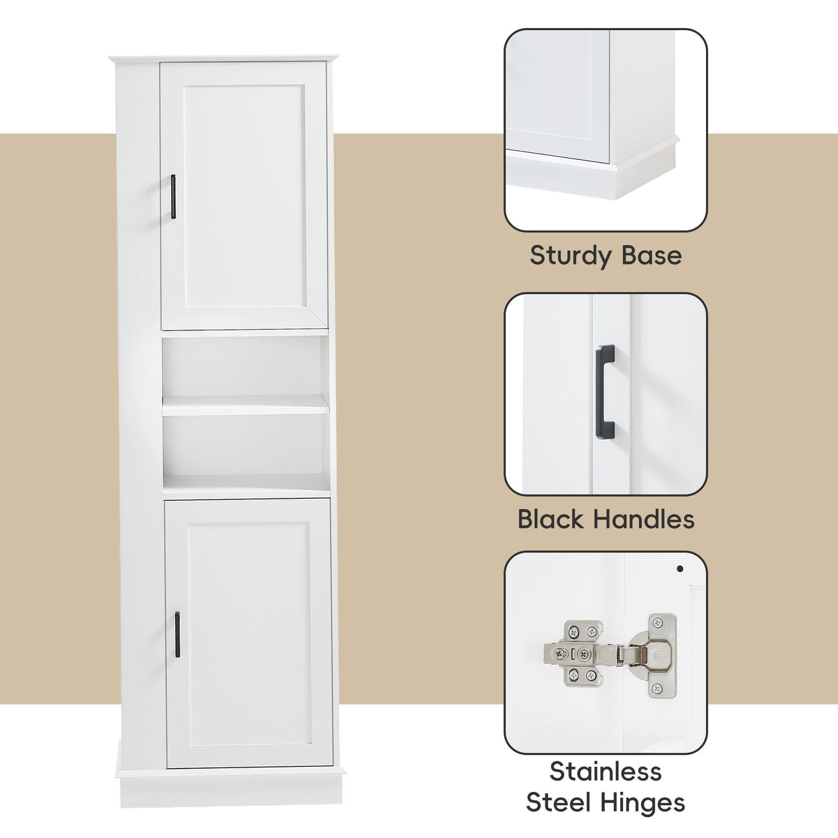 Tall Freestanding Bathroom Storage Cabinet With Adjustable Shelves And Side Hooks Board, Rectangle Design