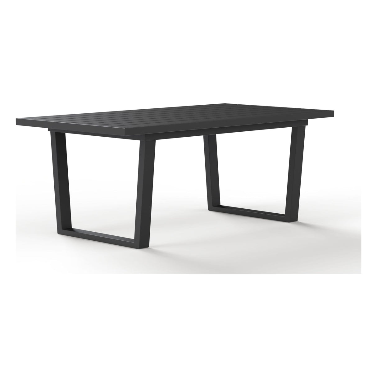 Angled view of the Monarch slatted aluminum outdoor dining table