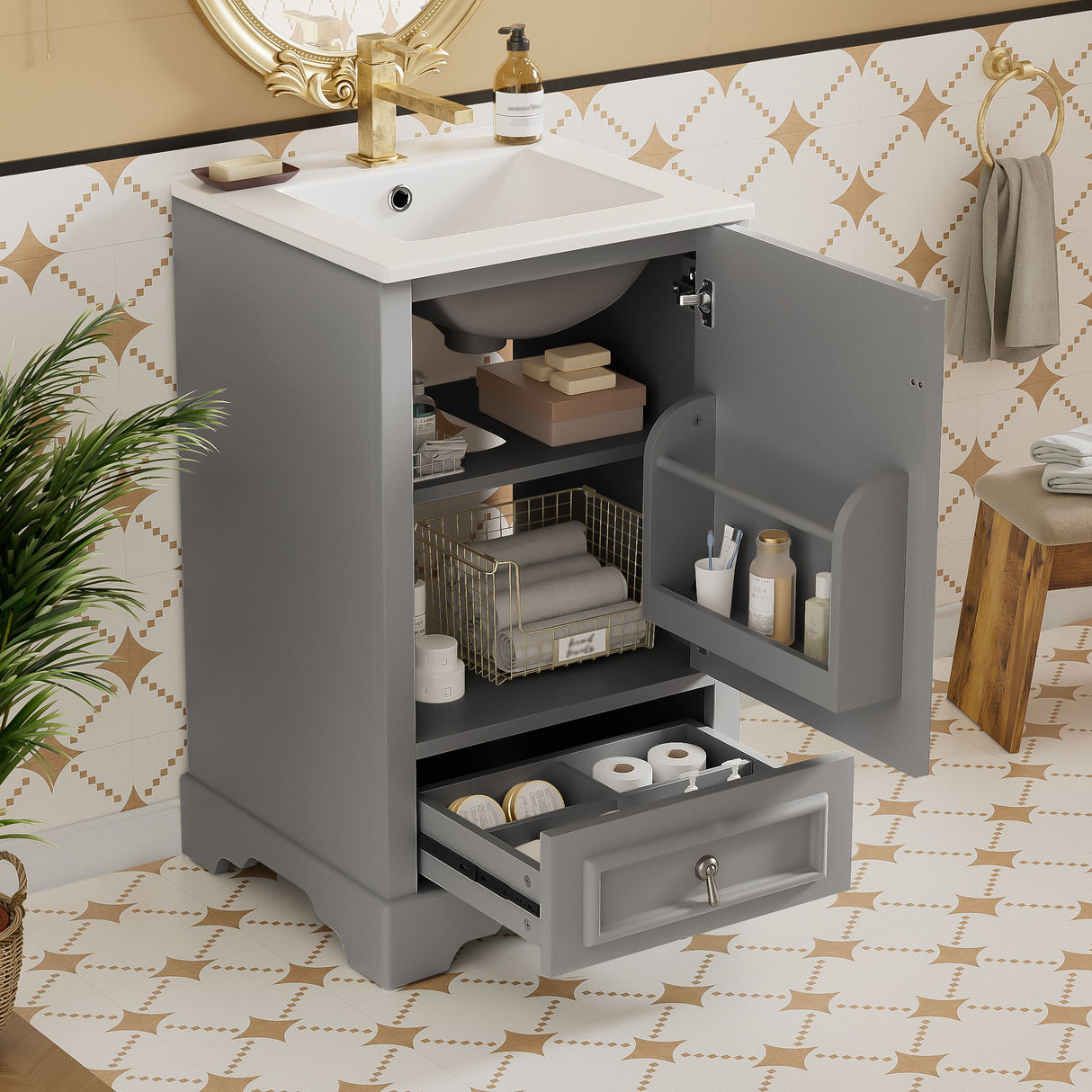Bathroom Vanity With Sink, Soft Close Door, Adjustable U-Shaped Shelf
