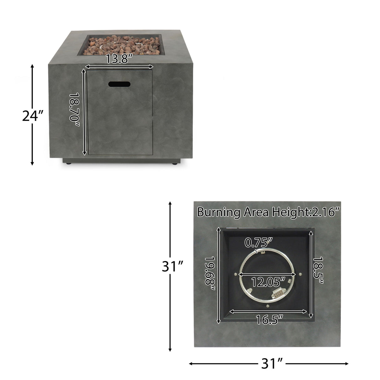 Modern Square Fire Pit Outdoor Propane Heater with Iron 31x24in