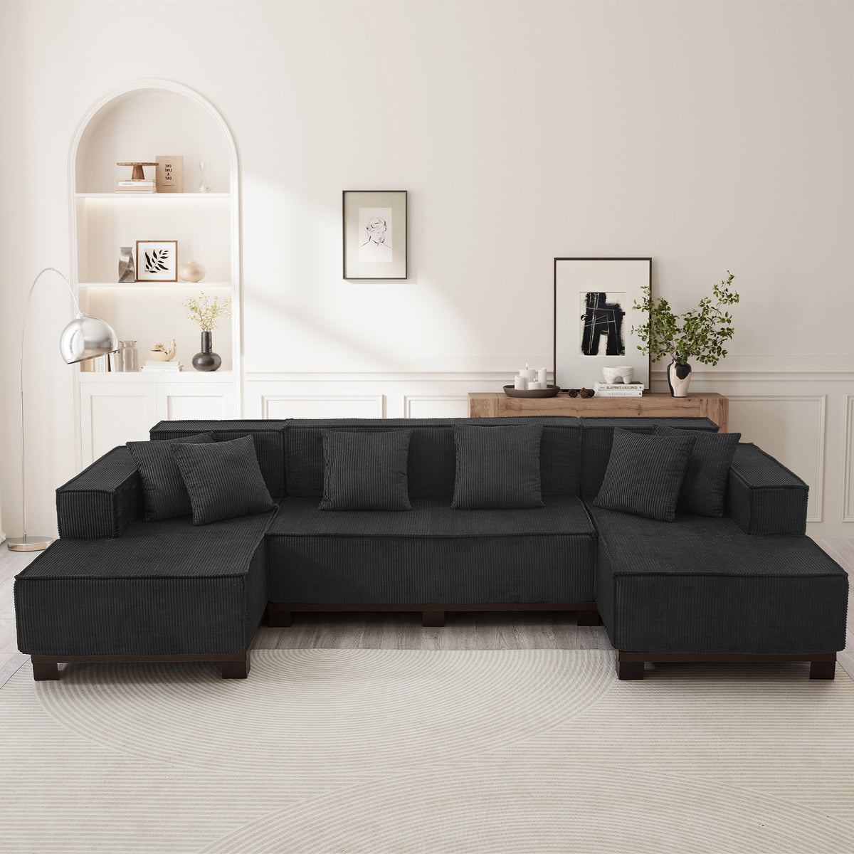 U-Shaped Sectional Sofa With RGB LED Light Strip And 6 Pillows