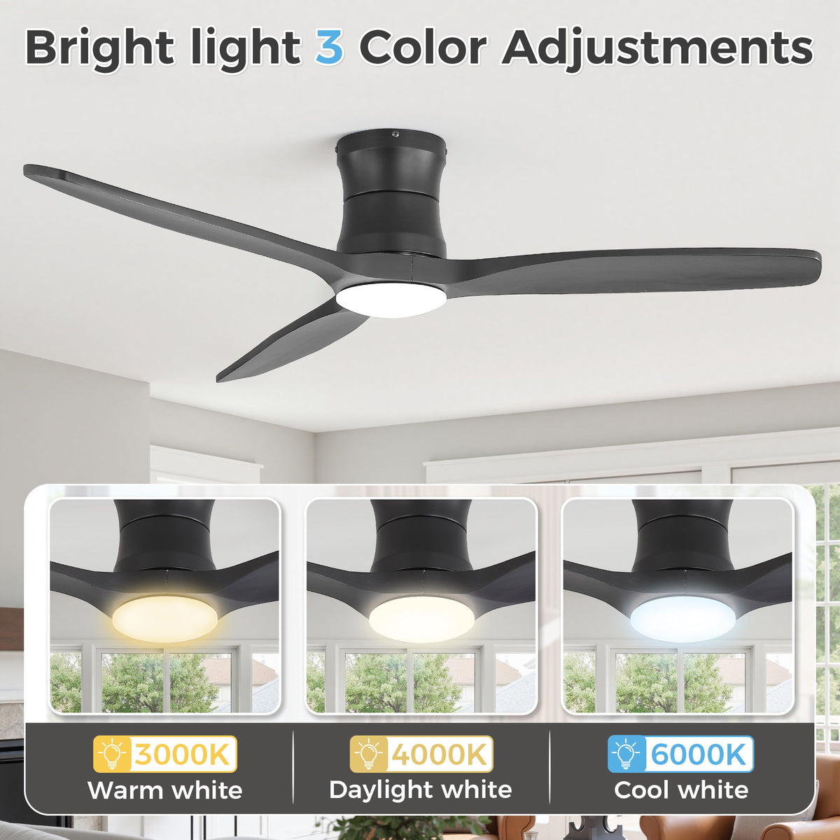 52" Ceiling Fan With Light, Dimmable DC Reversible Motor, 3 Blades