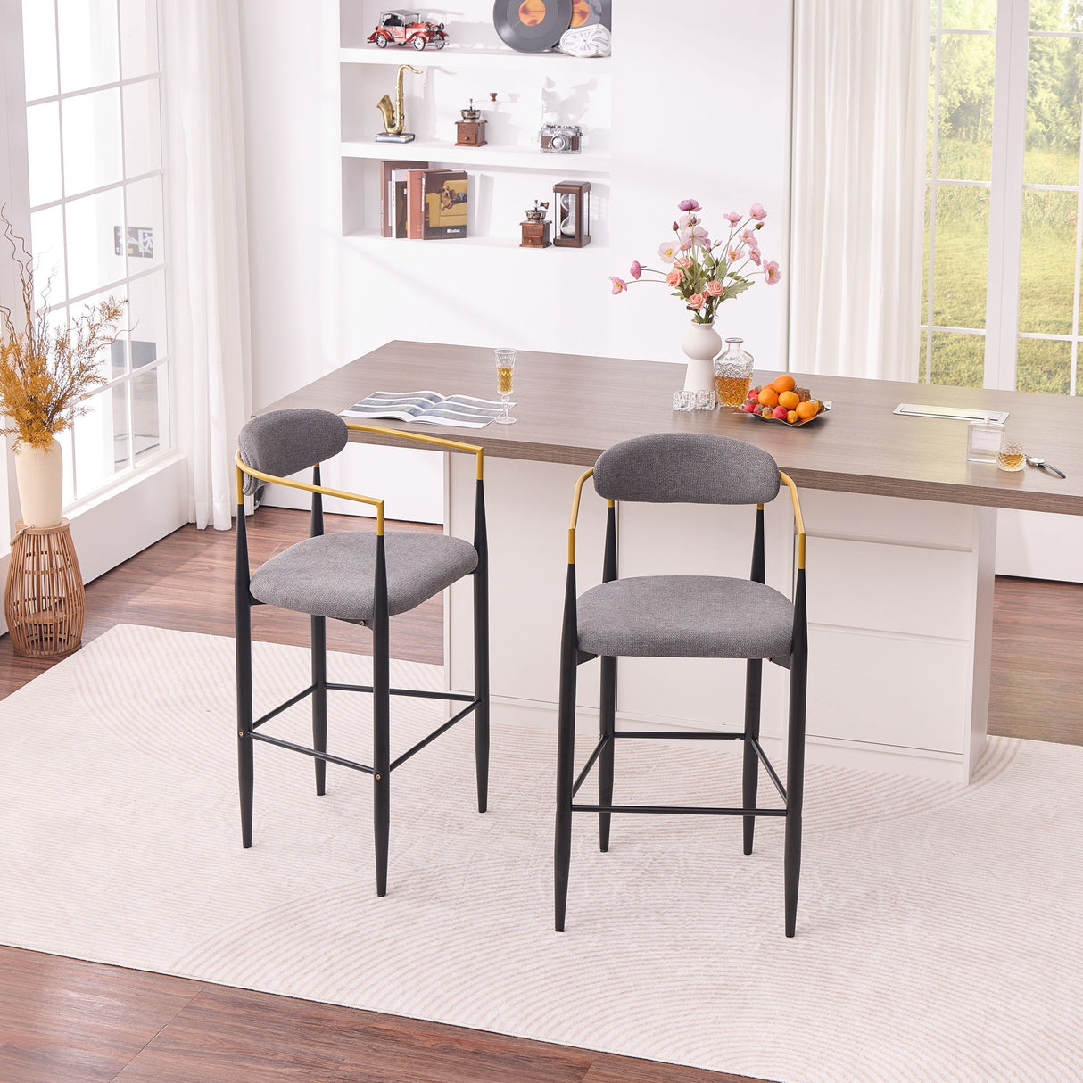 Upholstered Bar Stool With Ergonomic Design (Set of 2)
