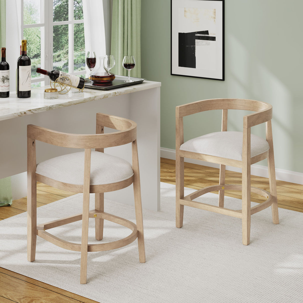 Modern Rubberwood Counter Stool Set With Upholstered Seats