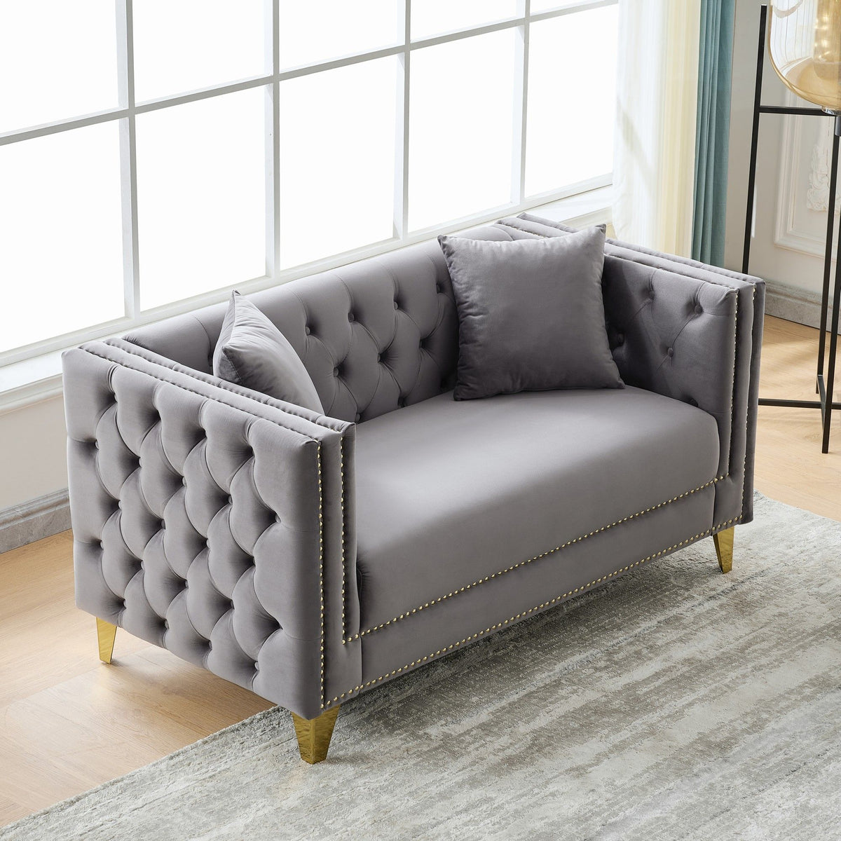 2 Seater Deep Seat Sofa With Button Nailhead, Square Arm