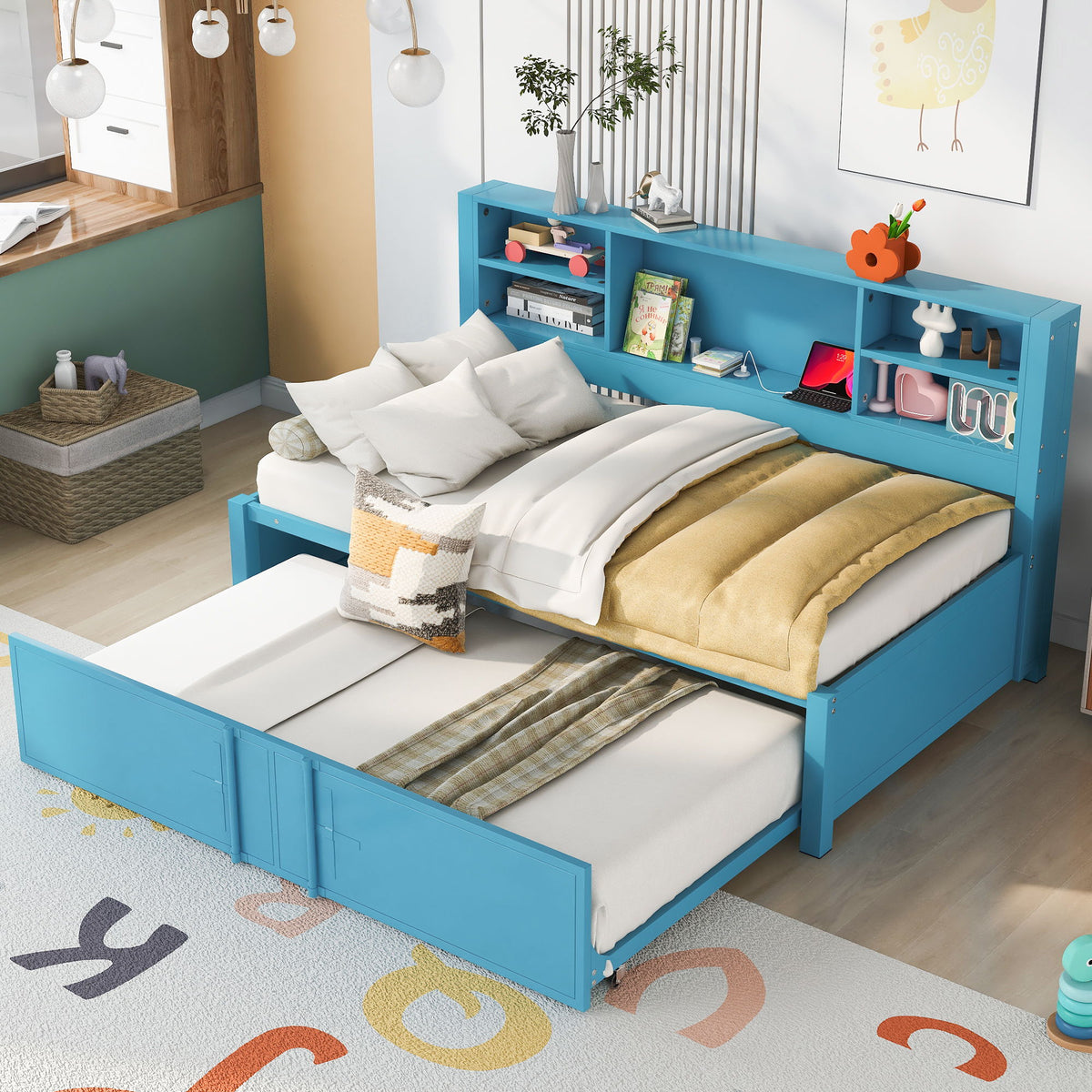Twin Daybed With Trundle, Storage Shelves, USB Ports Frame - Blue