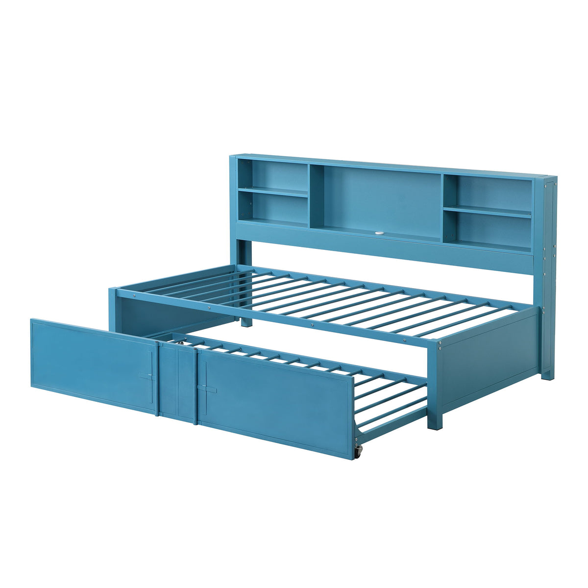 Twin Daybed With Trundle, Storage Shelves, USB Ports Frame - Blue