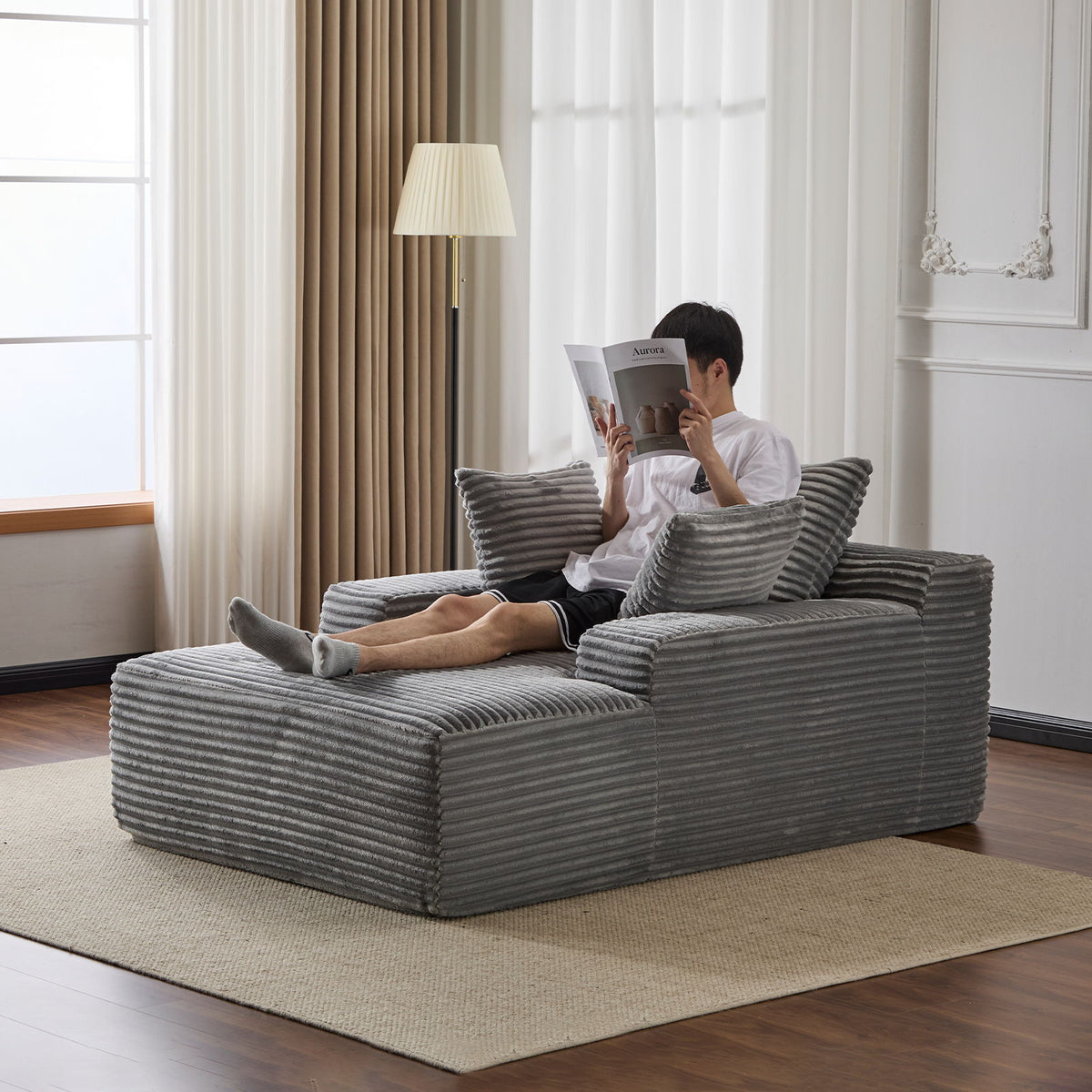 Oversized Chaise Lounge Chair Cozy Cloud Couch, Plush Corduroy Upholstered Sleeper Sofa Daybed With 3 Throw Pillows And Wide Armrest For Living Room - Gray