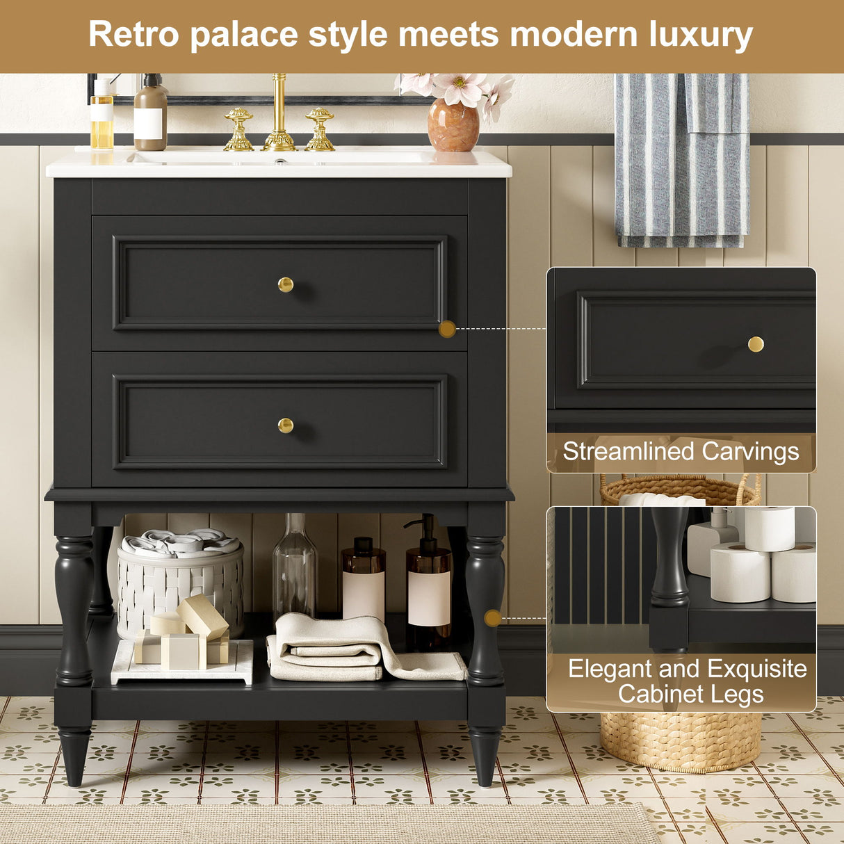 Bathroom Vanity With Sink, 2 Drawers Storage Cabinet, Open Shelf