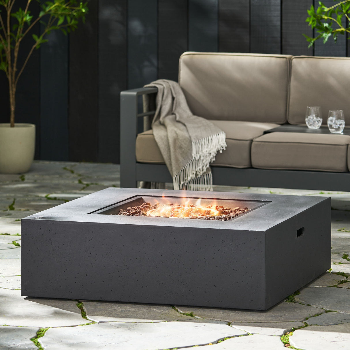 Square Fire Pit Table Outdoor Hearth 50000 BTU Propane Ceramic 40x40in