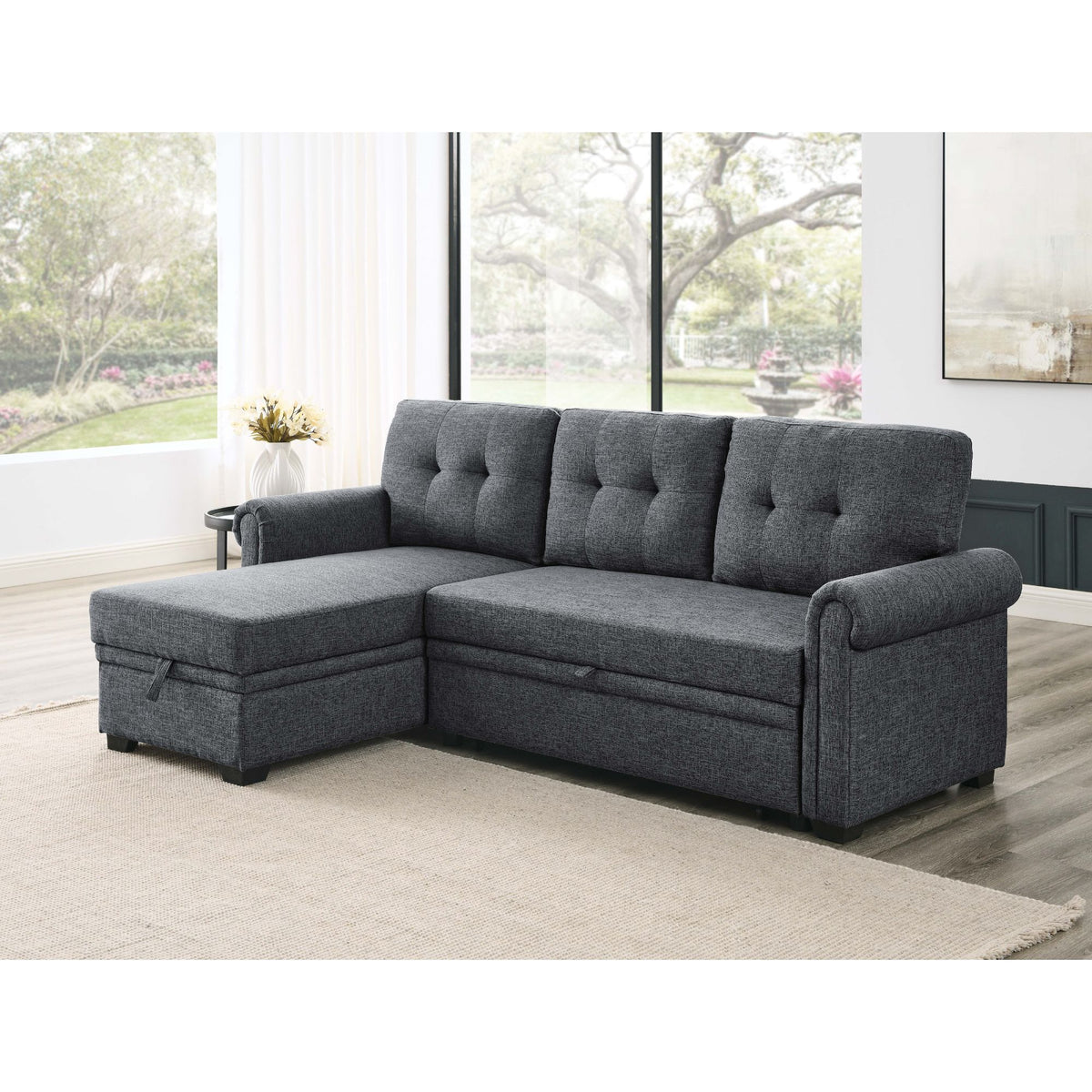 Upholstered Sleeper Sofa With Reversible Storage Chaise - Dark Gray