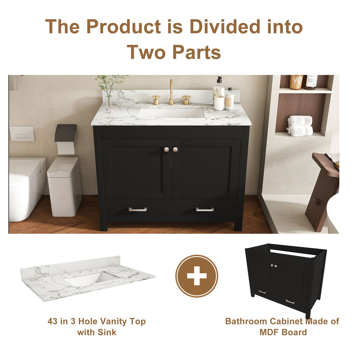 Bathroom Vanity Set, Soft Close Doors, 3 Faucet Holes, Sink Included - Black