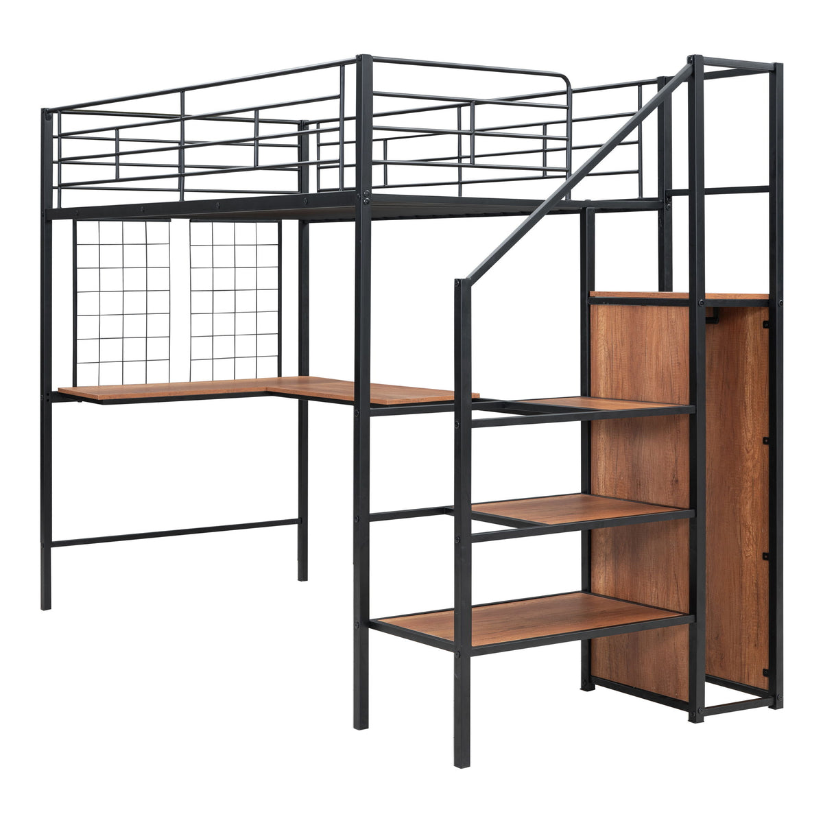 Twin Size Loft Bed With Desk And Grid, Storage Ladder And Wardrobe - Black