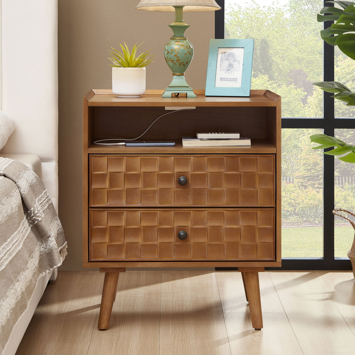 Nightstand With Charging Station, 2 Drawer Bedside Table With Shelf And USB / AC Ports