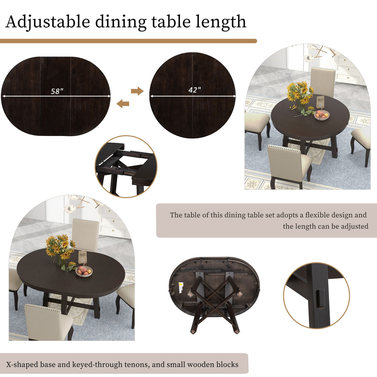 Round Extendable Dining Table Set With 4 Upholstered Chairs