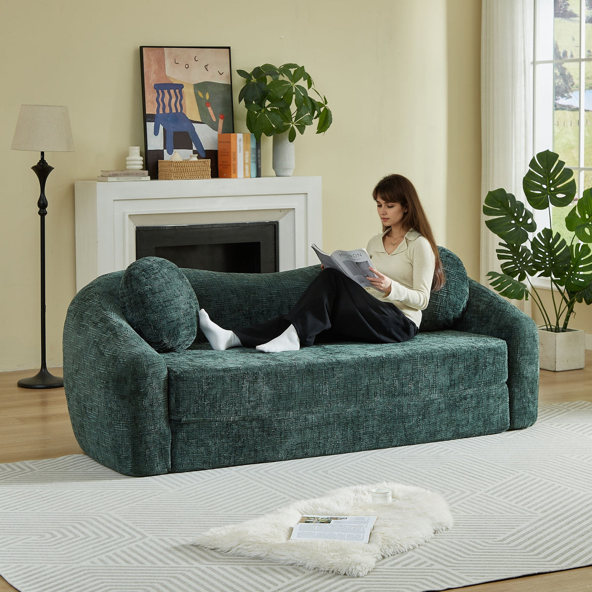 Curved Convertible Sofa, 2 In 1 Frameless Folding Sofa Bed With Pull Out Base And Deep Seat