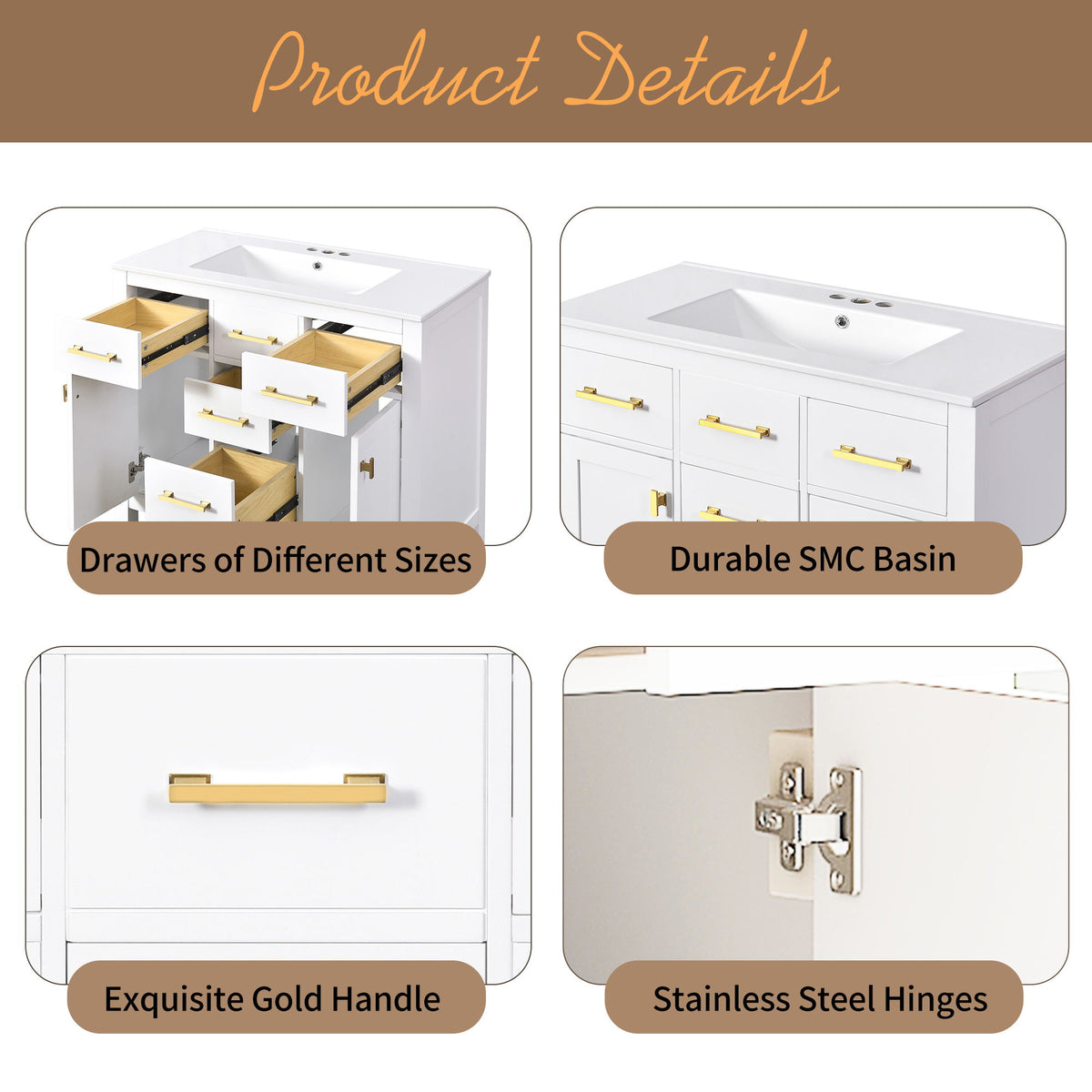 Bathroom Vanity With Sink, Cabinet With 4 Drawers & 2 Soft Close Doors, Rectangular Storage Unit For Bathroom
