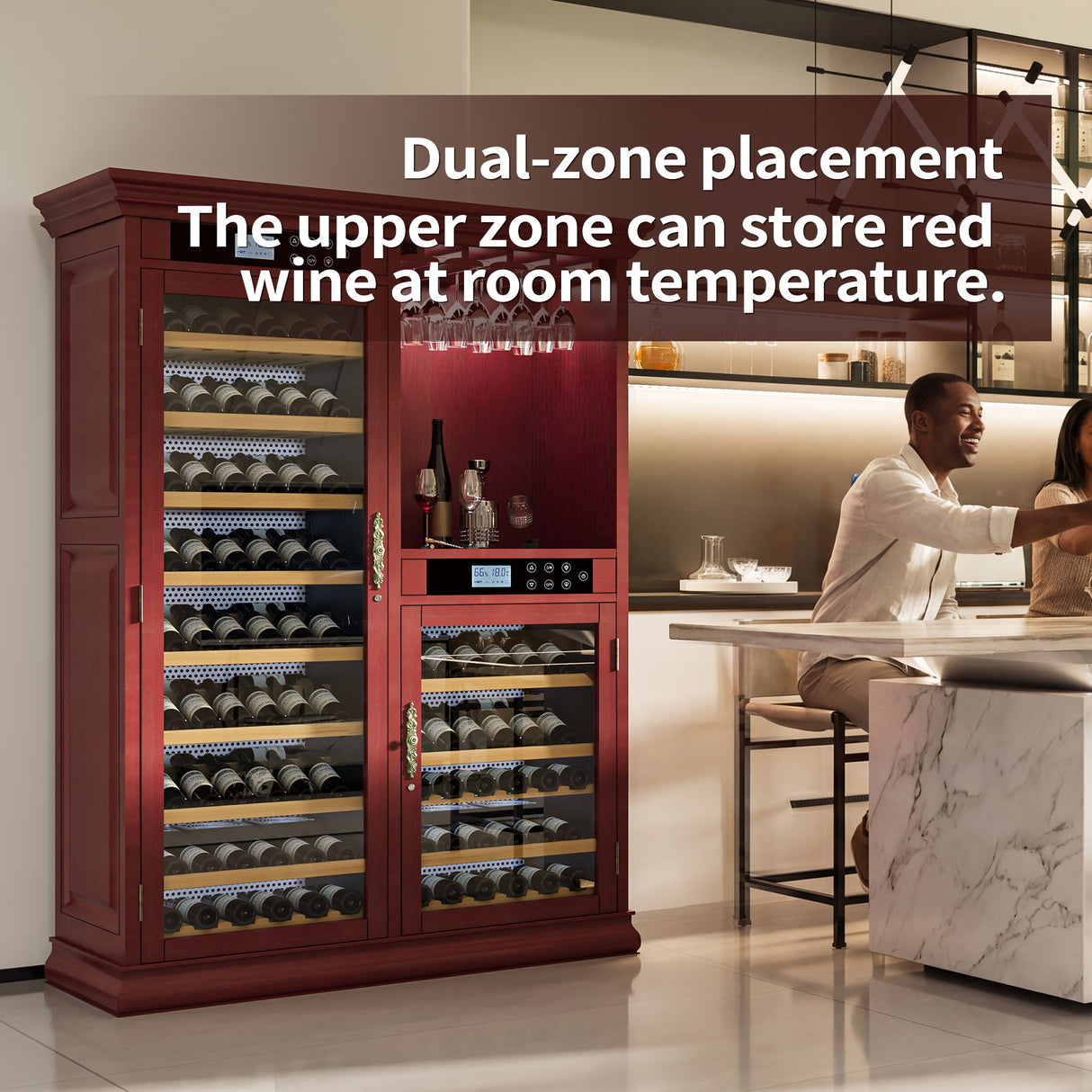 Wine Cooler With Dual Zone Temperature Control, Vacuum Insulated Door, LED Lighting, 158 Bottle Capacity - Cherry