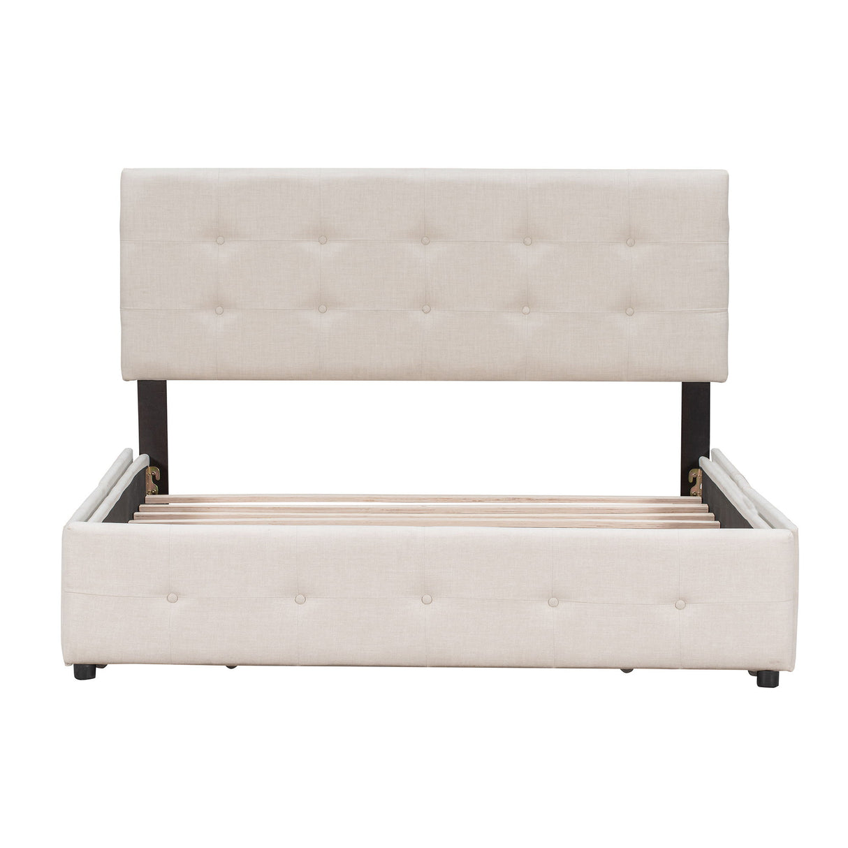 Queen Size Upholstered Platform Bed With Classic Headboard And 4 Drawers, No Box Spring Needed - Beige