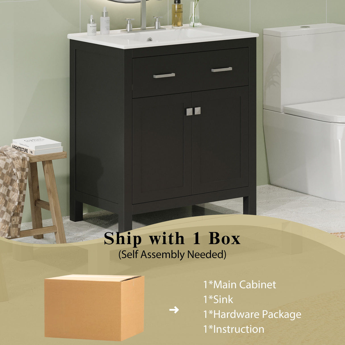 Bathroom Vanity With Ceramic Sink, Modern Single Bathroom Cabinet With 2 Doors And A Shelf, Soft Close Doors